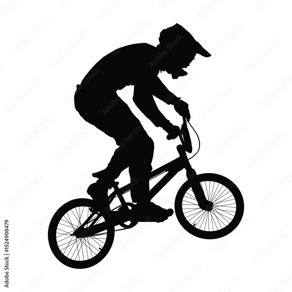 Obraz premium Man with helmet riding bmx jumping black silhouette vector. Isolated male riding bmx bike in bmx racing game black silhouette.