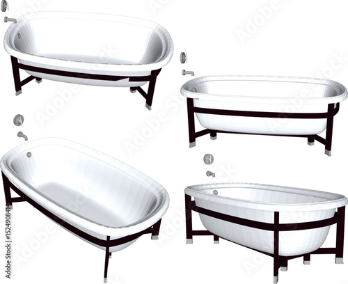 vector illustration of granite stone bathtub design with modern shower for soaking in bathroom