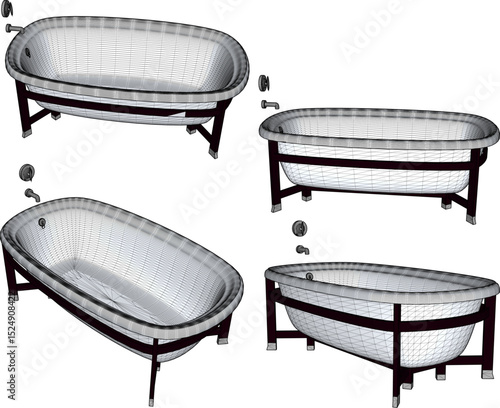 vector illustration of granite stone bathtub design with modern shower for soaking in bathroom