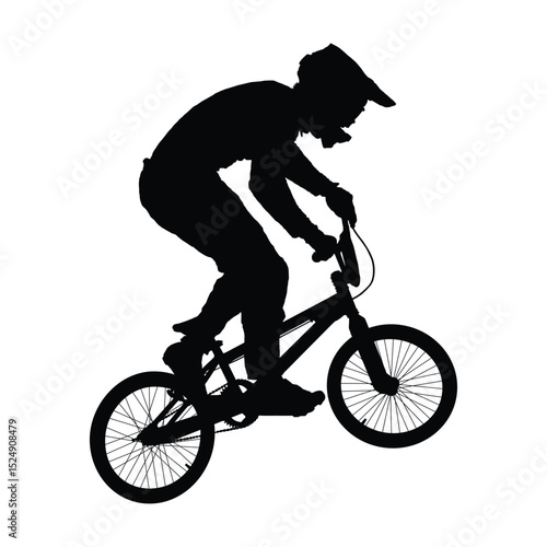 Man with helmet riding bmx jumping black silhouette vector. Isolated male riding bmx bike in bmx racing game black silhouette.
