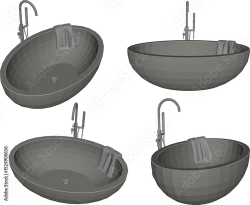 vector illustration of granite stone bathtub design with modern shower for soaking in bathroom