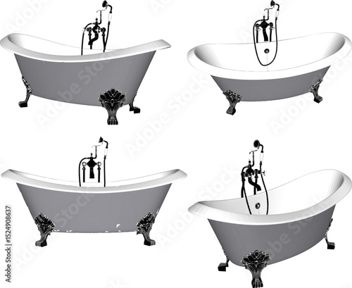 vector illustration of granite stone bathtub design with modern shower for soaking in bathroom