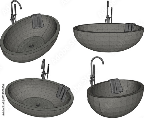 vector illustration of granite stone bathtub design with modern shower for soaking in bathroom
