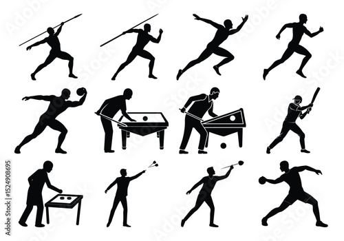 Silhouettes of Vector Male Athletes Performing Javelin Throw, Running, Billiards, Baseball, Darts, and Shot Put on white background