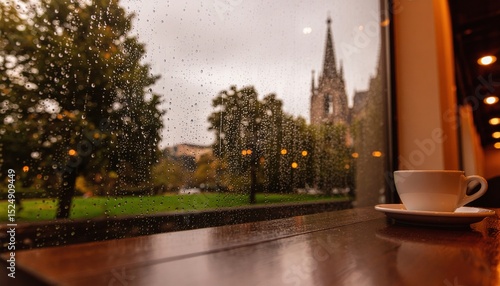Rainy Day Coffee Scene from Inside Cafe Window