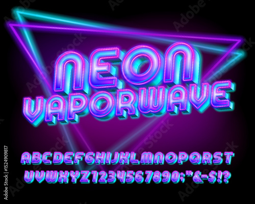 Neon Vaporwave alphabet font. Bright neon 80s style letters and numbers. Abstract polygonal background. Stock vector typeface for your design.