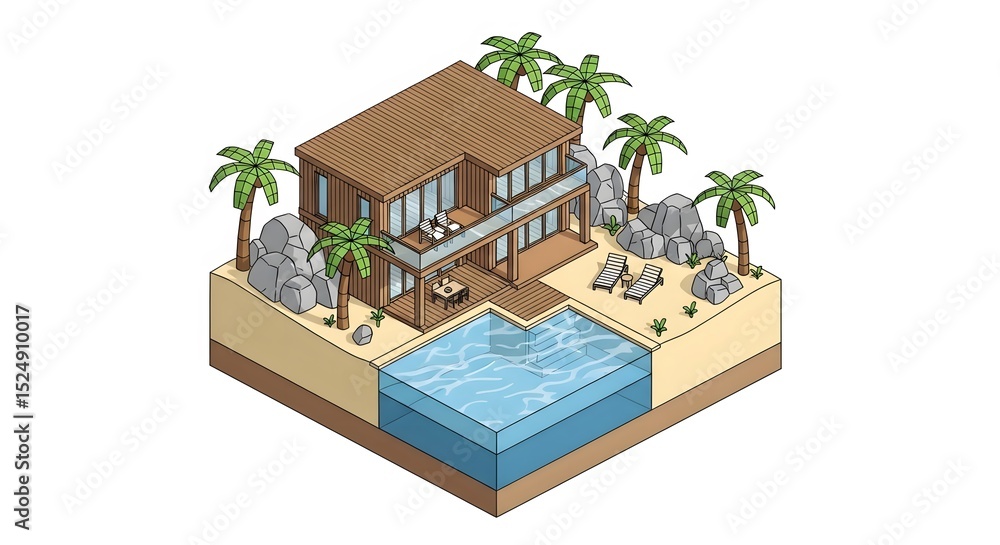 Fototapeta premium Beach House Isometric View with Pool and Palms
