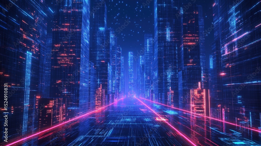 Fototapeta premium Futuristic cityscape with glowing structures and digital pathways, showcasing advanced urban innovation.