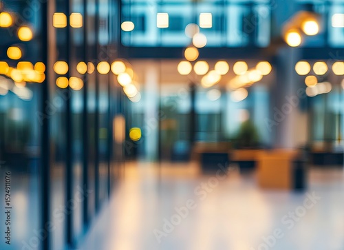 Blurred office interior background with blurred light and shadow effects for design, a business concept background. Blurry panoramic view of a modern open-space work place office room at night. 