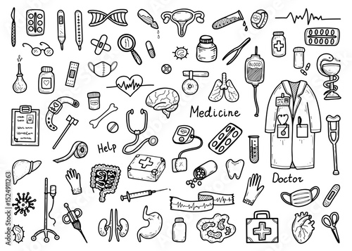 Large medical set. Hand drawn doodle illustration. Body checkup. Ambulance, hospital, doctors. Medicine, therapy, treatment, laboratory tests. Vector line art group of elements.