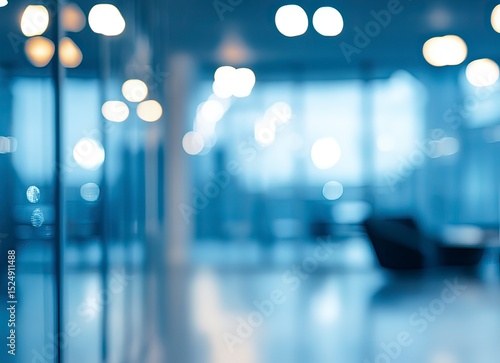 Blurred office interior background with blurry light and modern business work space in the night time, no people, for a design concept. This is a stock photo with 2/3 of the space available to place