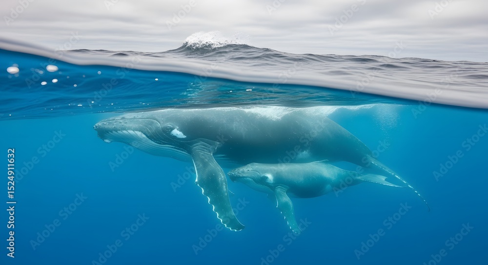 Obraz premium Whale with Calf Swimming Underwater
