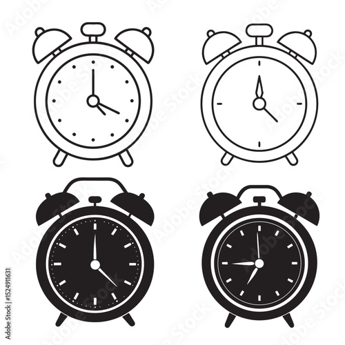 Four alarm clocks illustrated in different styles with black and white outlines representing time and punctuality Adobe Illustrator Artwork icon set.