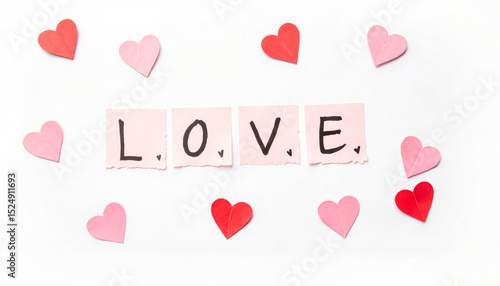 Colorful hearts and letters spelling love on white background  