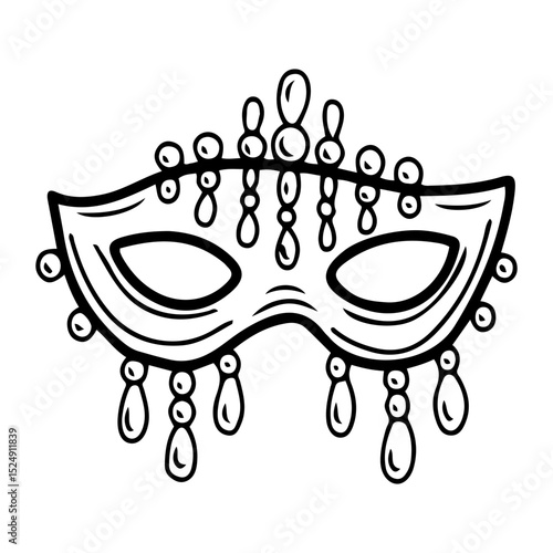Carnival mask with beads. Hand drawn doodle vector. Secret face. Masquerade costume accessory. Festival decoration. Retro party. Fashion, vintage style. Illustration line art element.
