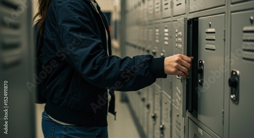 Student opening a locker in a school hallway, surrounded by rows of metal lockers and muted colors