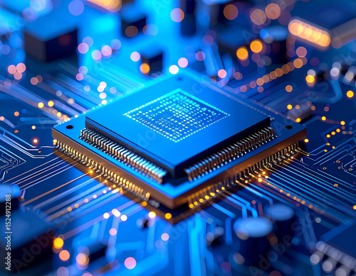 Microcontroller Unit (MCU) on Tiny Board with Blue and Orange Glow