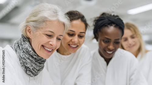group of diverse women engineers collaborating on groundbreaking project in modern lab