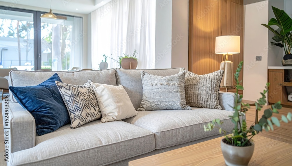 Fototapeta premium Inviting living area with cozy sofa and stylish pillows, offering comfort and elegance