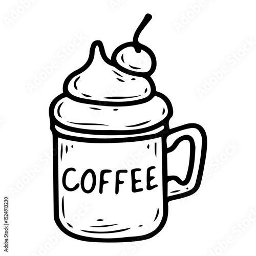 Coffee mug with cream and cherry. Hand drawn doodle vector. Invigorating hot drink brewed from roasted beans. Cappuccino, raf, glace, latte. Illustration line art element.