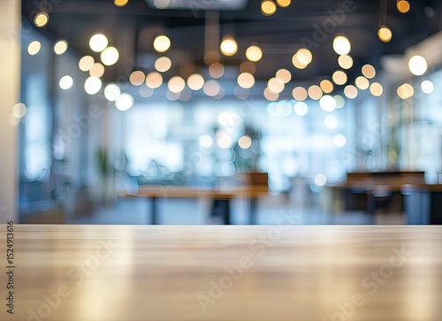 Blurred office interior background with bokeh lights and tables for text, product display, or design elements. Modern business work space concept. Shallow depth of field. Stock photo, high resolution,