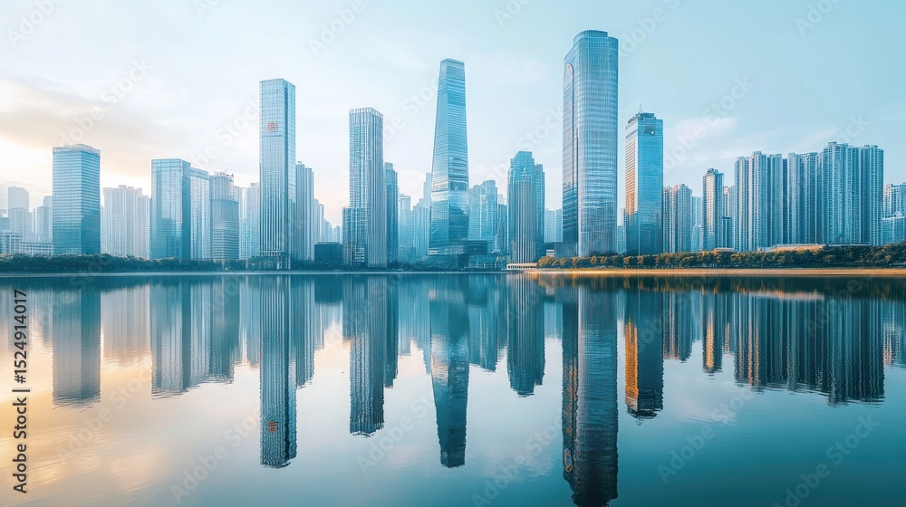 City skyline reflected in calm water City skyline reflected in calm water