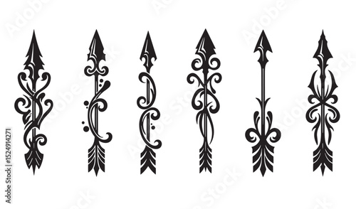 Decorative arrow silhouette vector illustrations with ornate floral and geometric elements
