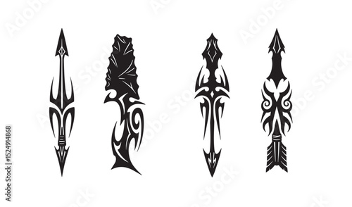 Set of four abstract tribal spear and arrow silhouettes in black and white