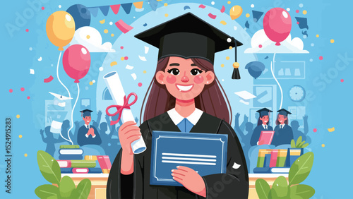Happy Graduate with Diploma, A young graduate holding their diploma with a beaming smile, wearing a black graduation cap and gown