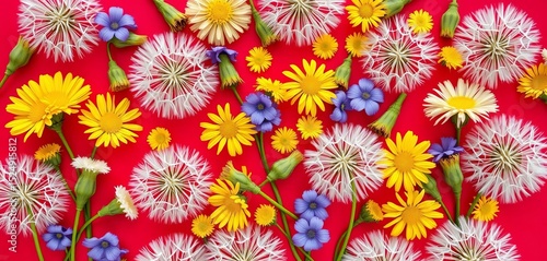 Wallpaper Mural Dandelion clock seed heads & vibrant spring blooms arranged in repeating flat lay pattern on red background, vibrant, print Torontodigital.ca