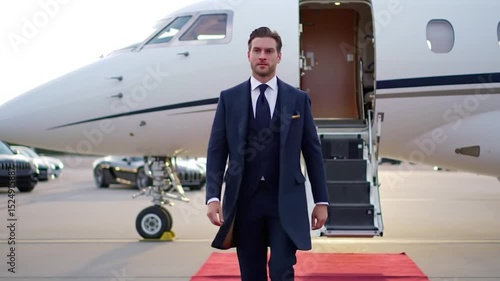 Wallpaper Mural Dapper Businessman Disembarks Private Jet onto Red Carpet with Luxury Cars Awaiting Torontodigital.ca