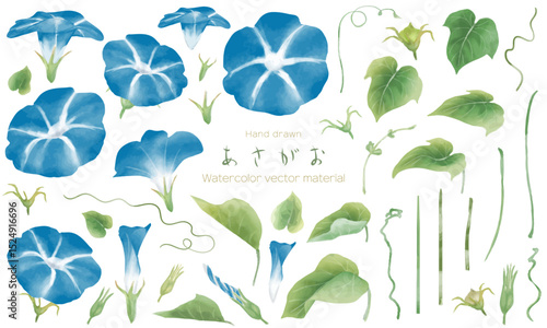 水彩で描いた青いあさがおのパーツ素材セット