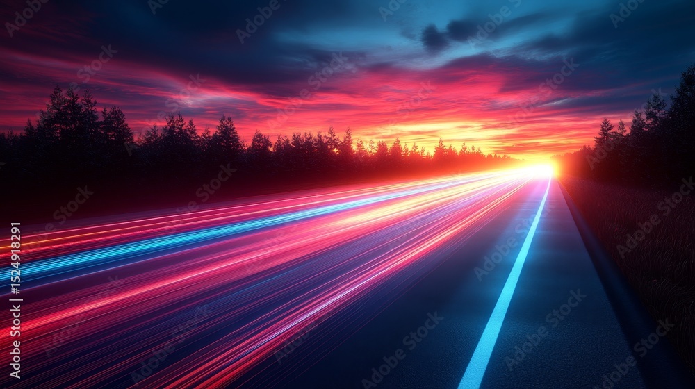 Vibrant Sunset Sky with Light Trails on a Serene Open Road Vibrant Sunset Sky with Light Trails on a Serene Open Road