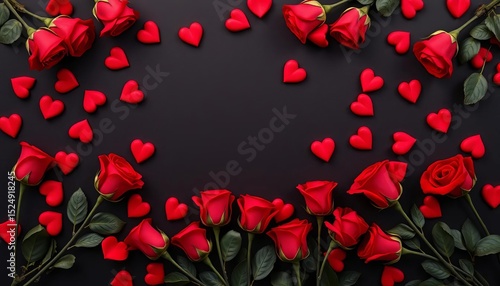 Elegant black backdrop strewn with red roses & hearts; Valentine's Day flatlay ,  wallpaper,  floral