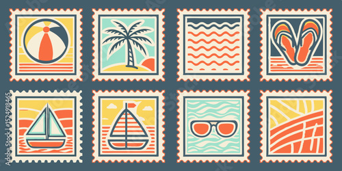 Summer Holiday Stamps with Beach Ball Palm Tree Waves and Other Icons