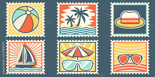 Retro Summer Vacation Stamps with Beach Ball Palm Trees and Sunglasses