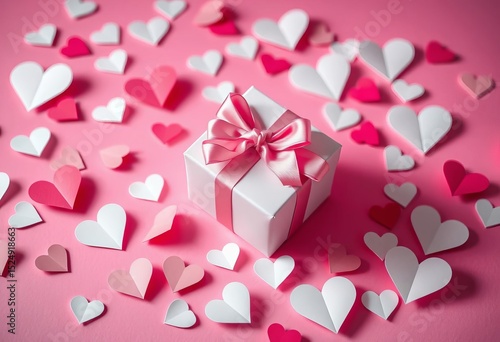 Elegant gift box nestled amongst scattered paper hearts on a soft pink background,  celebration,  design