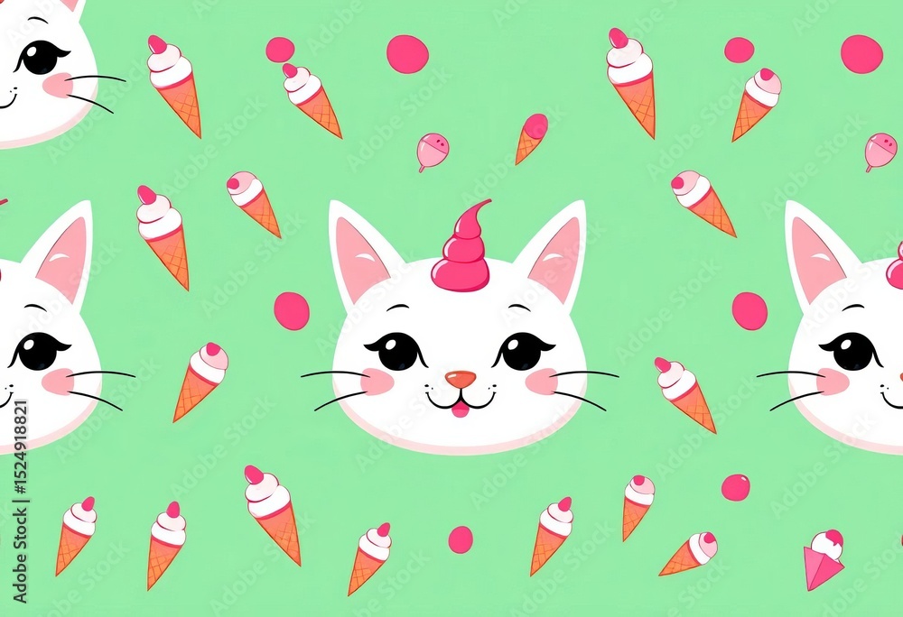 Fototapeta premium Cute white cat face with ice cream seamless pattern, flat cartoon design on green background, design element, illustration