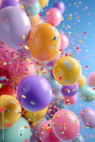 Colorful Balloons Float Amidst Confetti in a Festive Celebration Environment ...