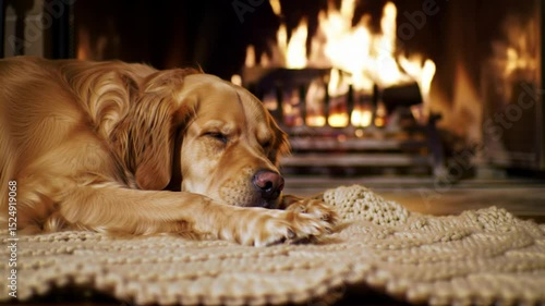 A golden retriever dog sleeping peacefully by a warm, cozy fireplace.