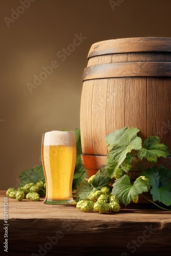 Craft Beer in a Glass Next to a Wooden Barrel and Fresh Hop Cones.
