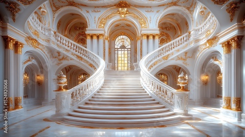 Ornate white marble staircase in luxurious interior
