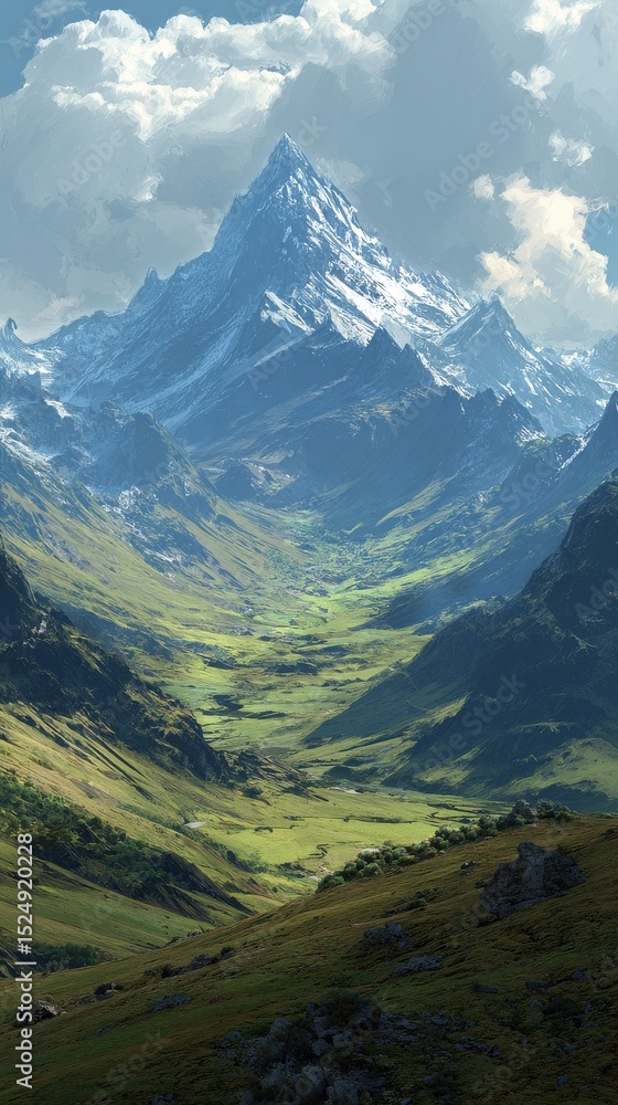 Fototapeta premium Majestic Mountain Landscape With Verdant Valley and Dramatic Sky