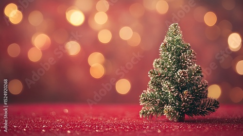 A small Christmas tree on a red surface with bokeh lights