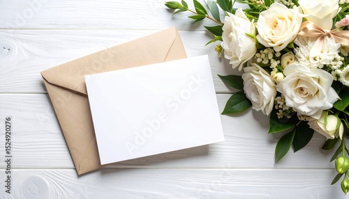 Blank white card and kraft envelope mock-up with a bouquet of white roses on a white wooden table. An elegant template for a wedding invitation or greeting.