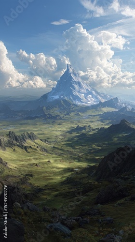 Majestic Mountain Landscape With Verdant Valley and Dramatic Sky.