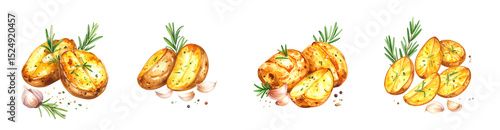 Delicious, freshly prepared golden potatoes garnished with herbs on a white background.