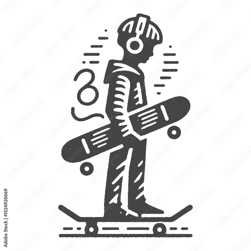 Fototapeta premium Vintage Hand-Drawn Skateboard with Music Illustration, Urban Object Engraved Style Vector for T-Shirts and Youth Culture Design