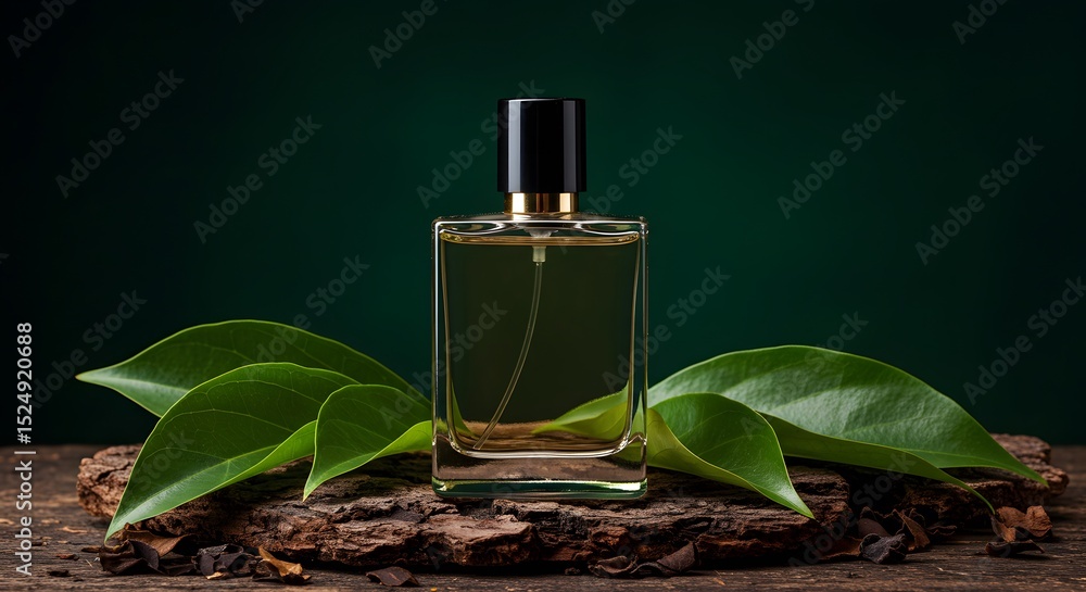 Elegant Perfume Bottle with Green Leaves on a Wooden Surface Elegant Perfume Bottle with Green Leaves on a Wooden Surface