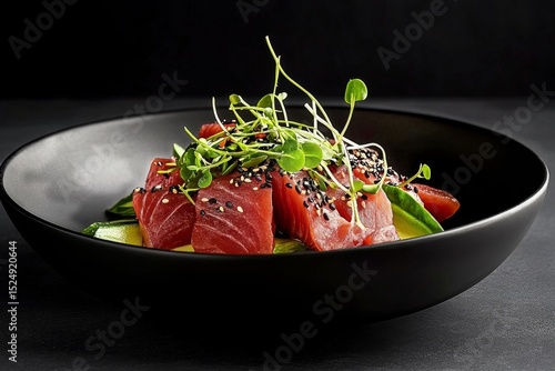 Fresh Tuna Salad Garnished With Sprouts and Vegetables in a Black Bowl on a D...